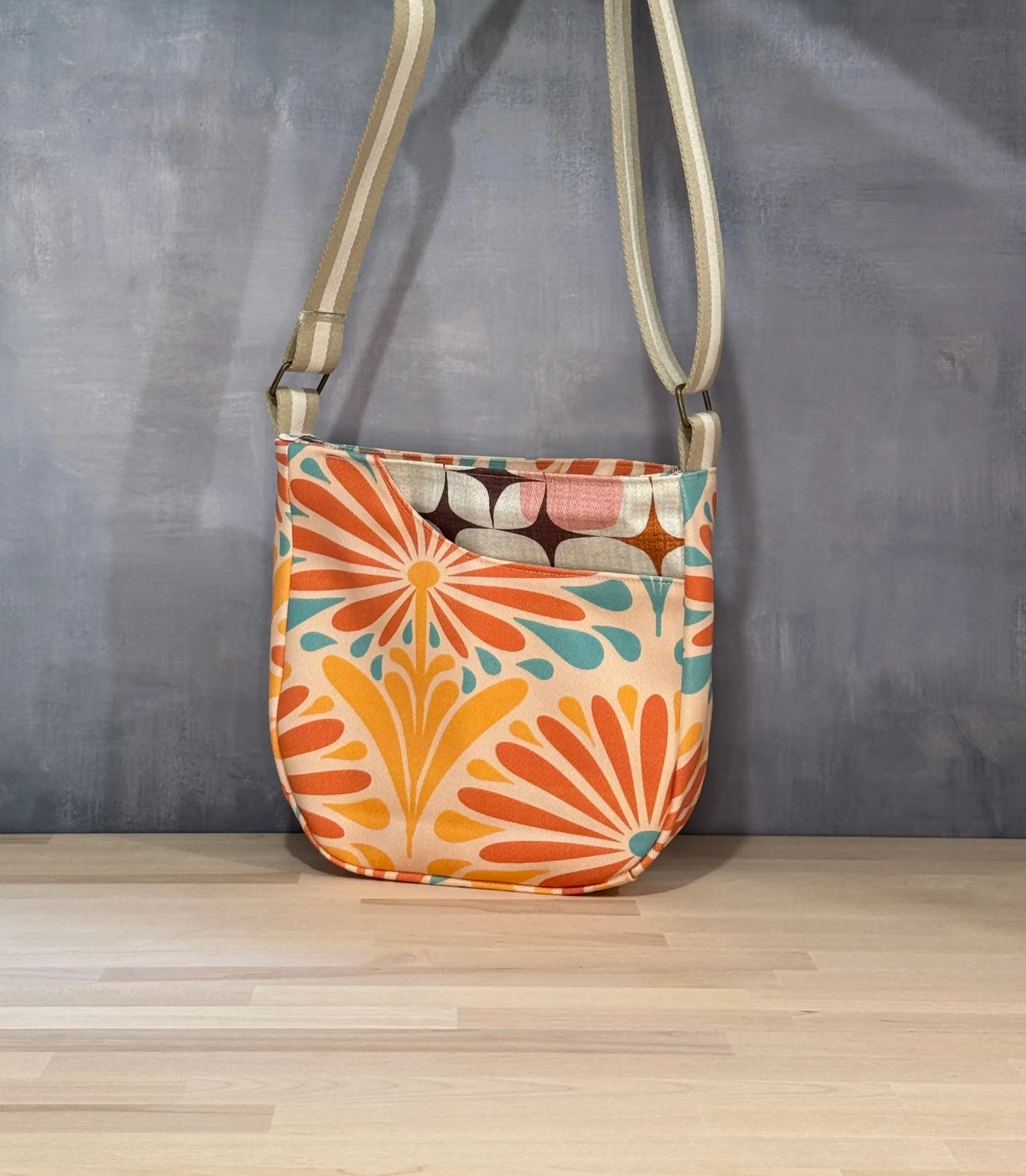 Cross Body Mini Tote - Sunset Floral Mix — handmade canvas bag, cut and sewn by hand in South Carolina