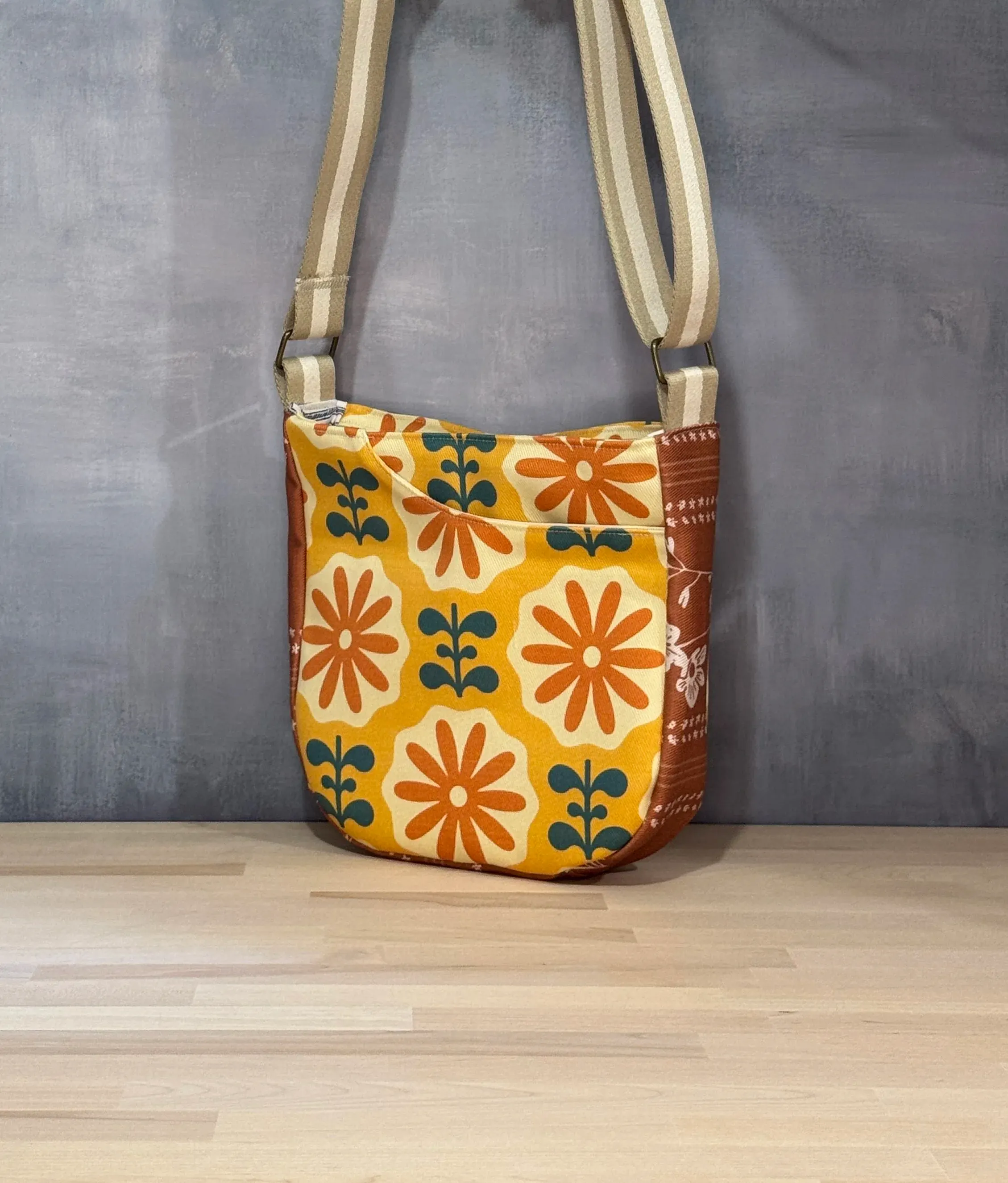 Cross Body Mini Tote - Orange Vintage Floral — handmade canvas bag, cut and sewn by hand in South Carolina
