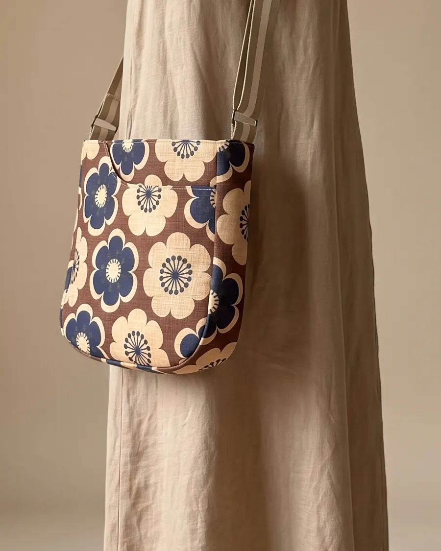 CrossBody Handbag - Retro Brown Floral worn crossbody on a display form