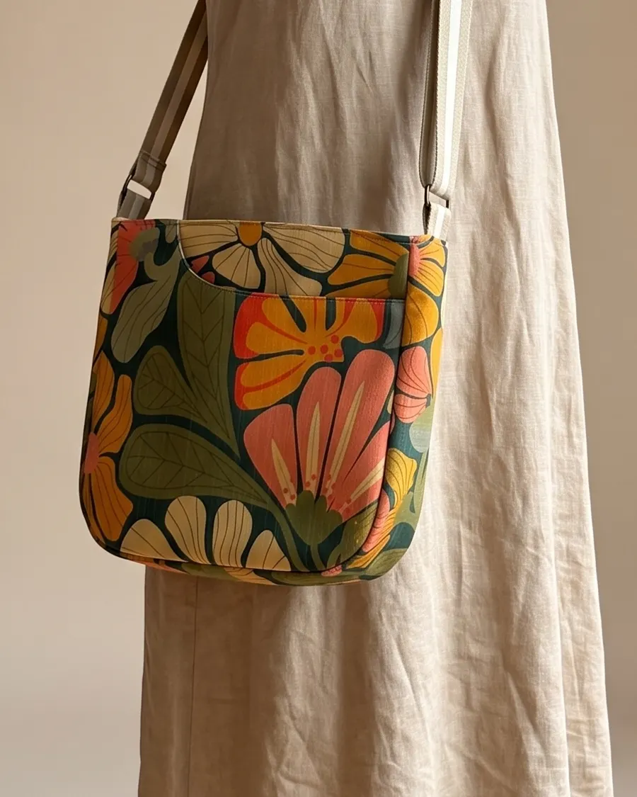 CrossBody Handbag - Vintage Floral worn crossbody on a display form