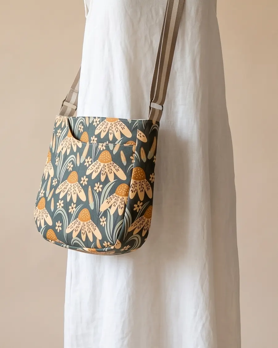 CrossBody Handbag - Coneflower worn crossbody on a display form
