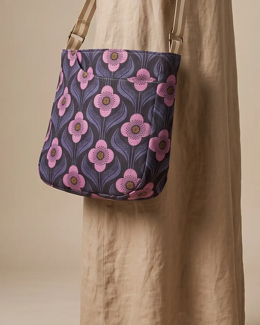CrossBody Handbag - Purple Mid Mod Floral worn crossbody on a display form