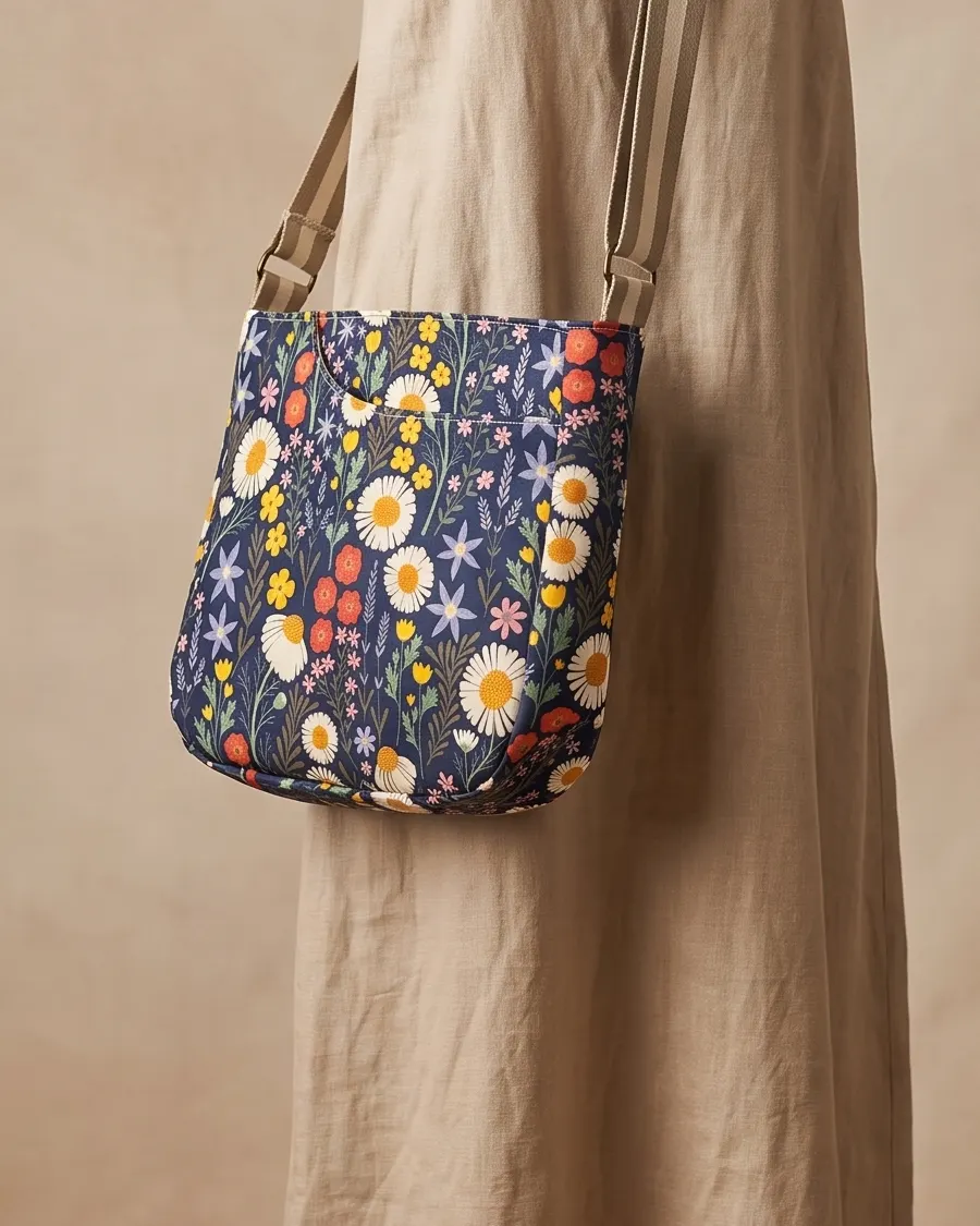 CrossBody Handbag - Flower Garden worn crossbody on a display form