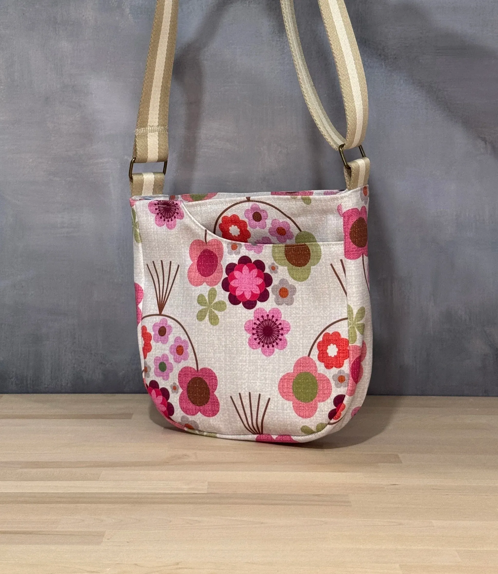Cross Body Mini Tote - Cream Pink Floral — handmade canvas bag, cut and sewn by hand in South Carolina