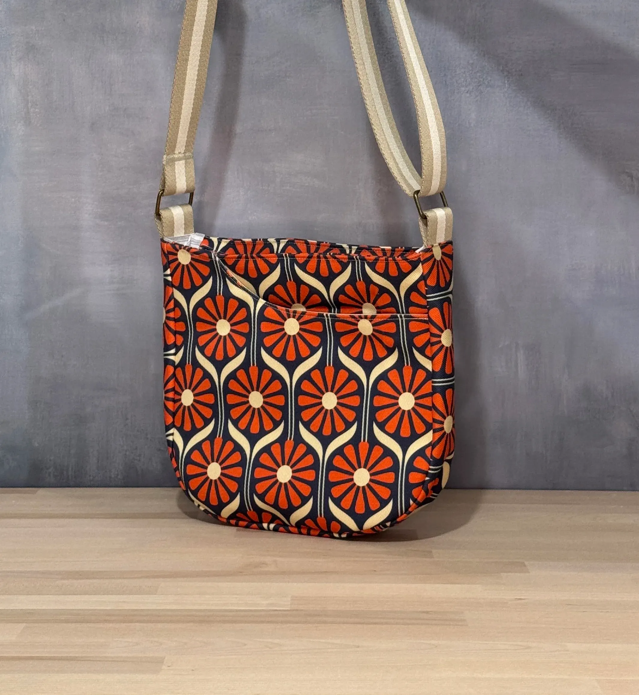 Cross Body Mini Tote - Navy Orange Retro Daisy — handmade canvas bag, cut and sewn by hand in South Carolina
