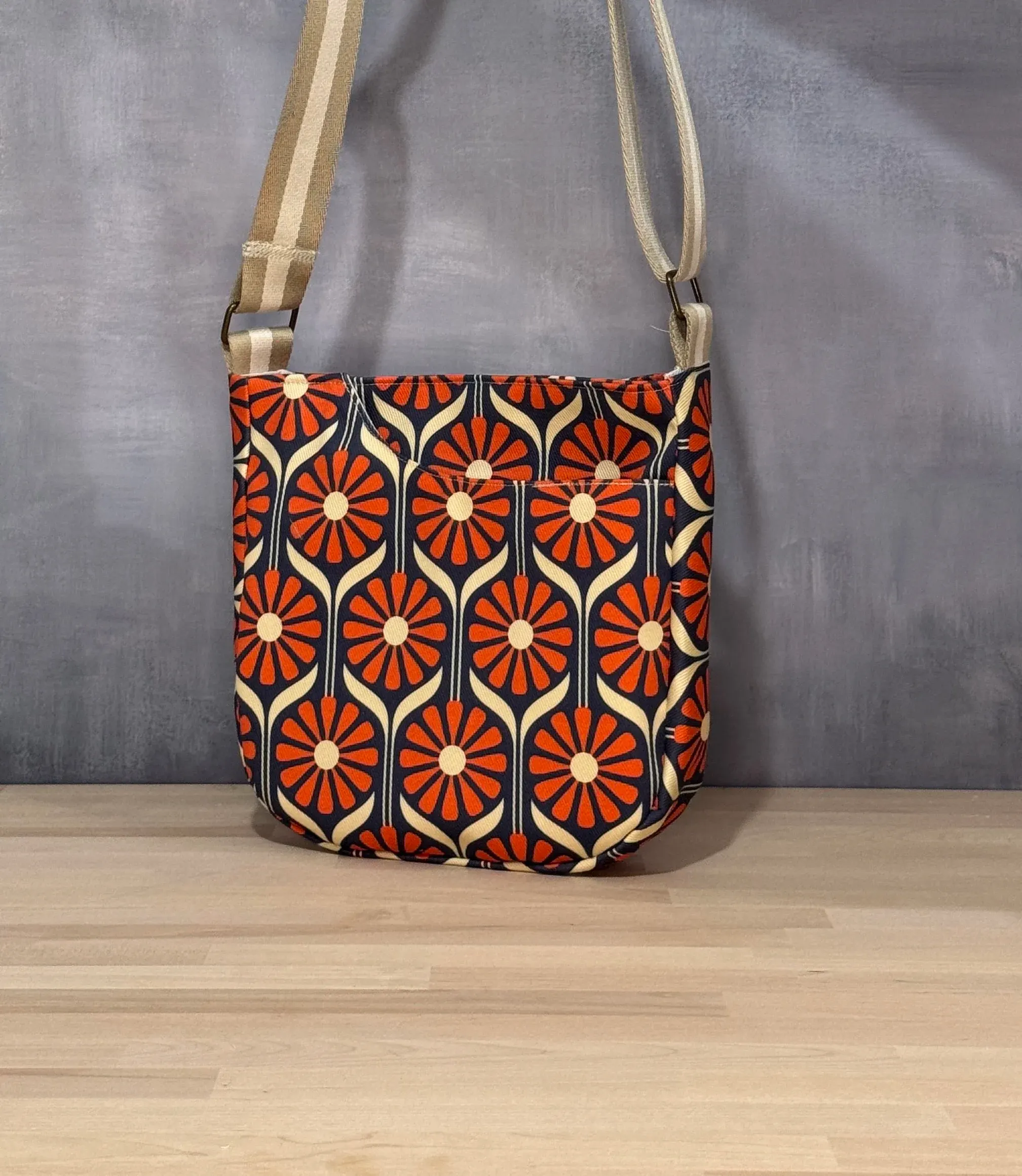 Cross Body Mini Tote - Orange Navy Orange Retro Daisy — handmade canvas bag, cut and sewn by hand in South Carolina