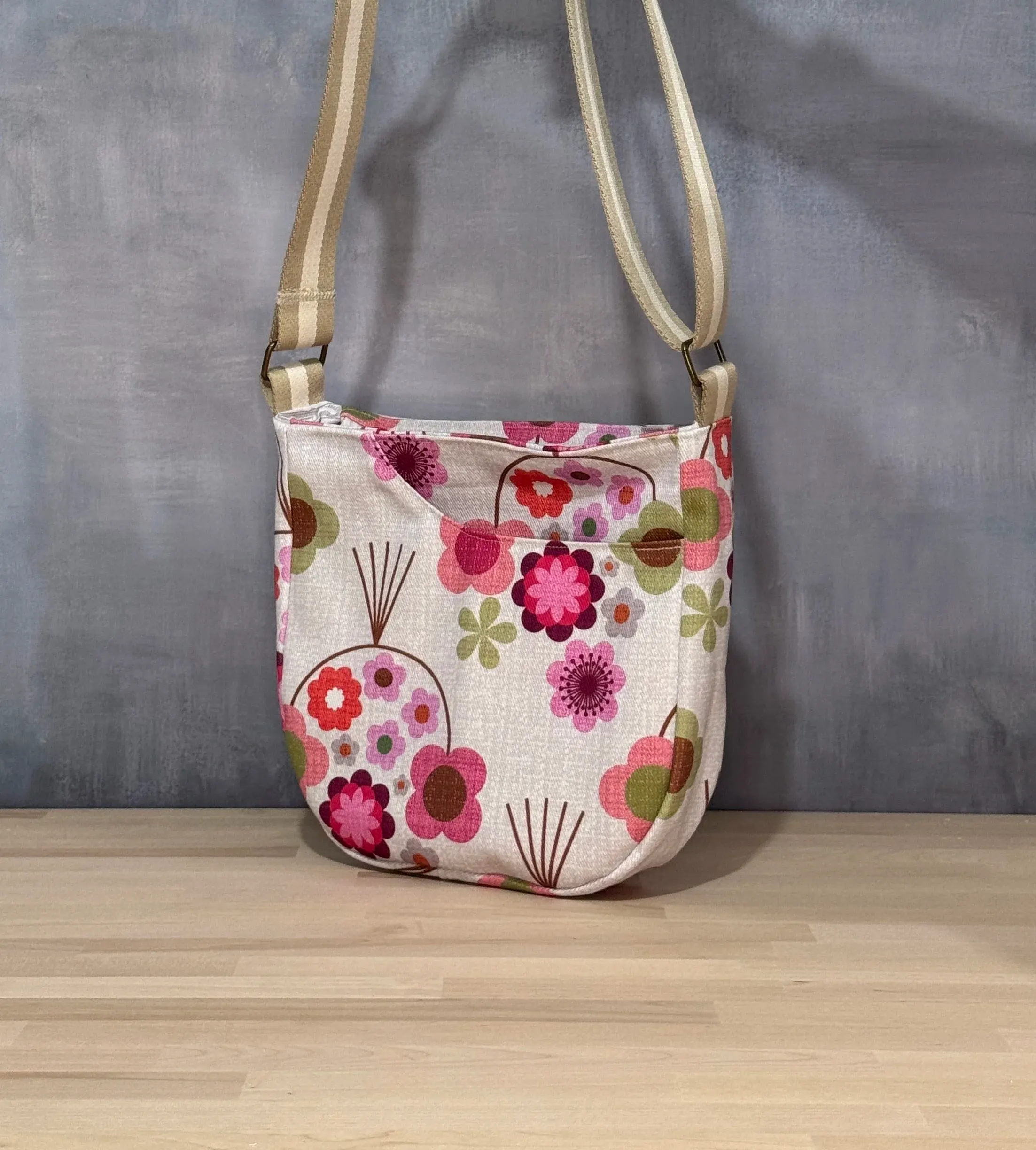 Cross Body Mini Tote - Mid Mod Cream Pink Floral — handmade canvas bag, cut and sewn by hand in South Carolina