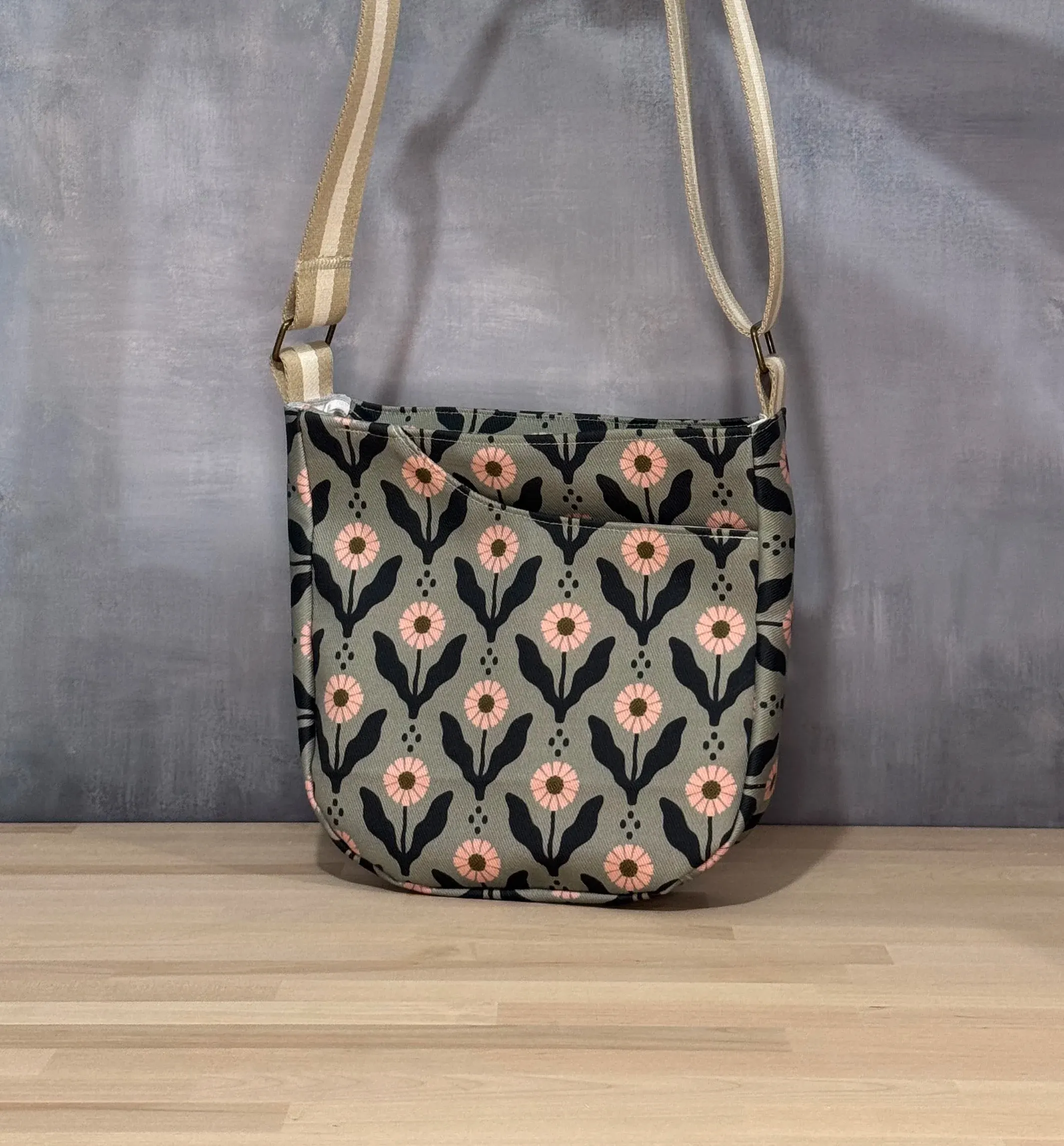 Cross Body Mini Tote - Sage Pink Daisy — handmade canvas bag, cut and sewn by hand in South Carolina