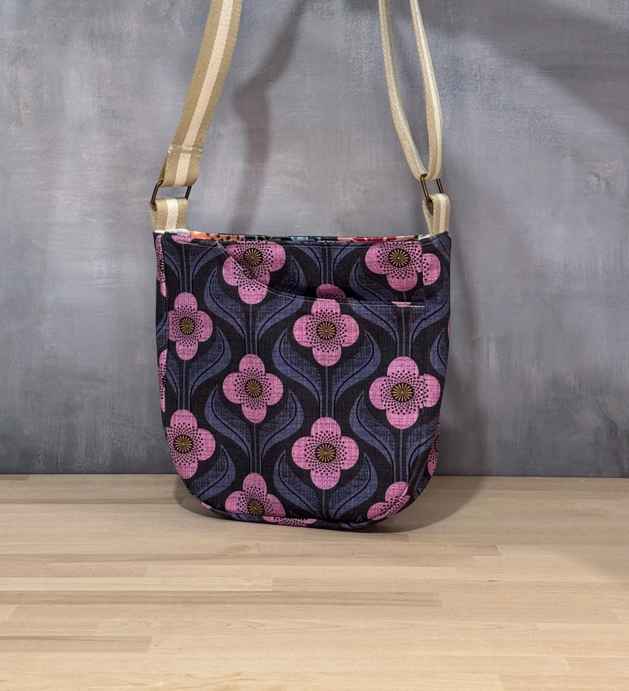 Cross Body Mini Tote - Purple Mid Mod Floral — handmade canvas bag, cut and sewn by hand in South Carolina