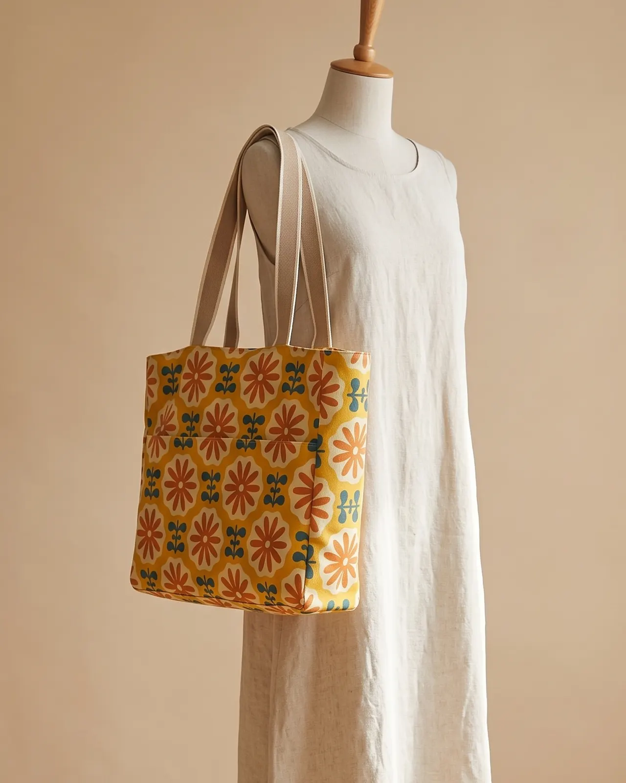 Large Tote Bag Zipper - Retro Yellow Floral worn on the shoulder on a display form