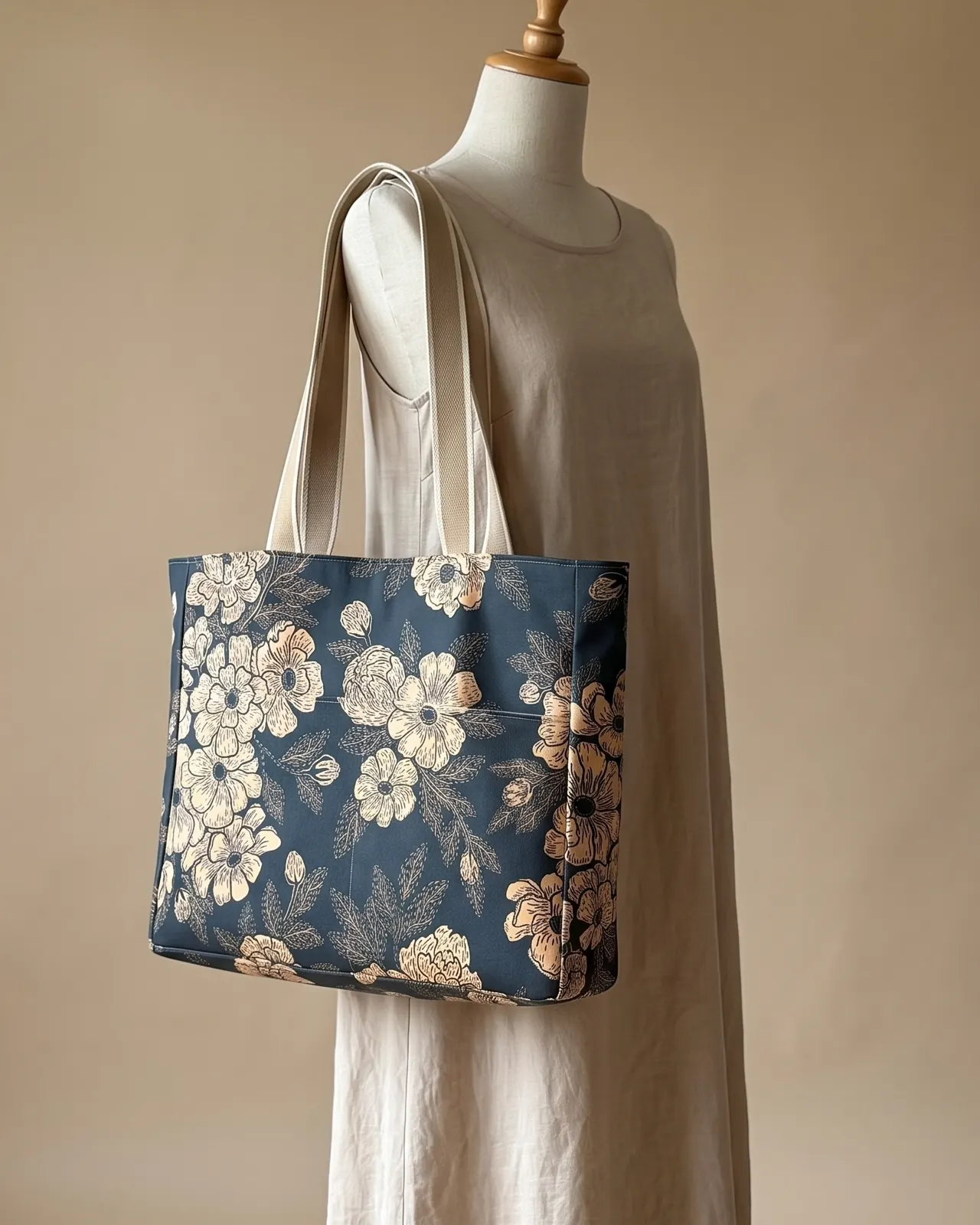 Large Tote Bag Zipper - Navy Beige Floral worn on the shoulder on a display form