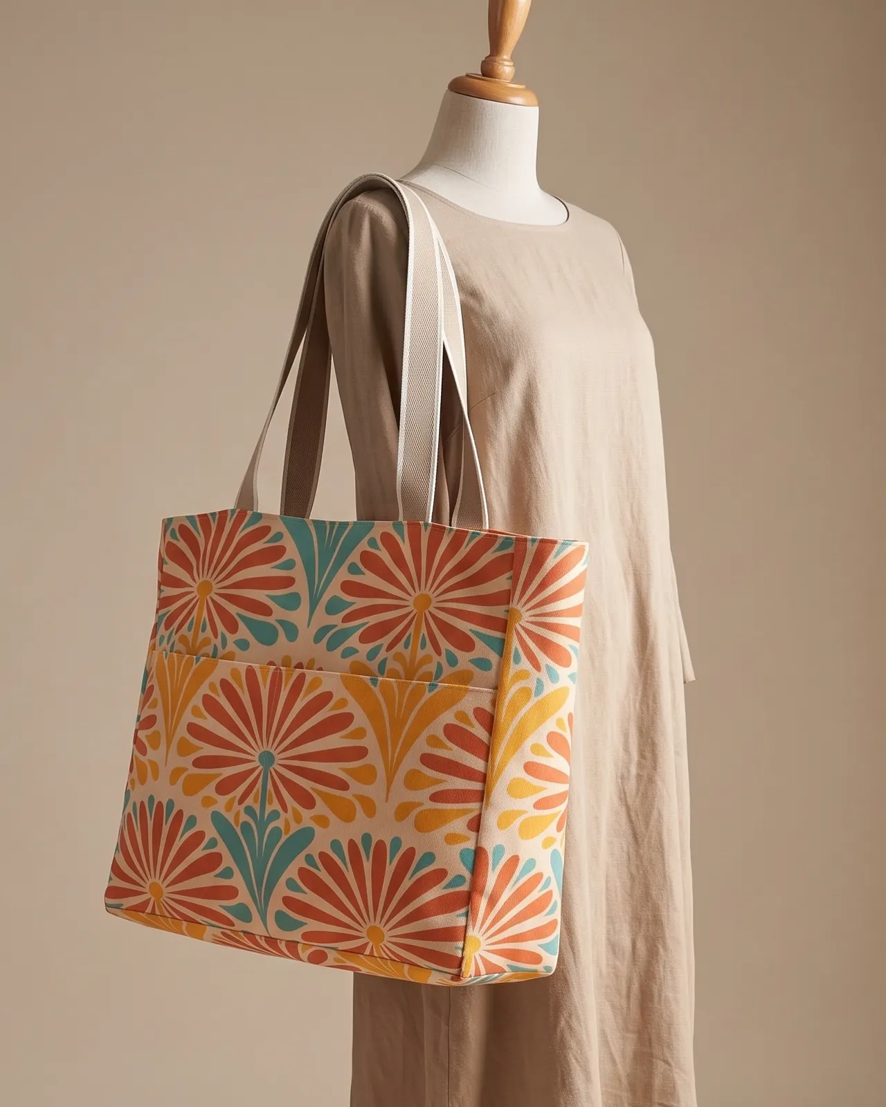 Large Tote Bag Zipper - Cream Retro Daisy worn on the shoulder on a display form