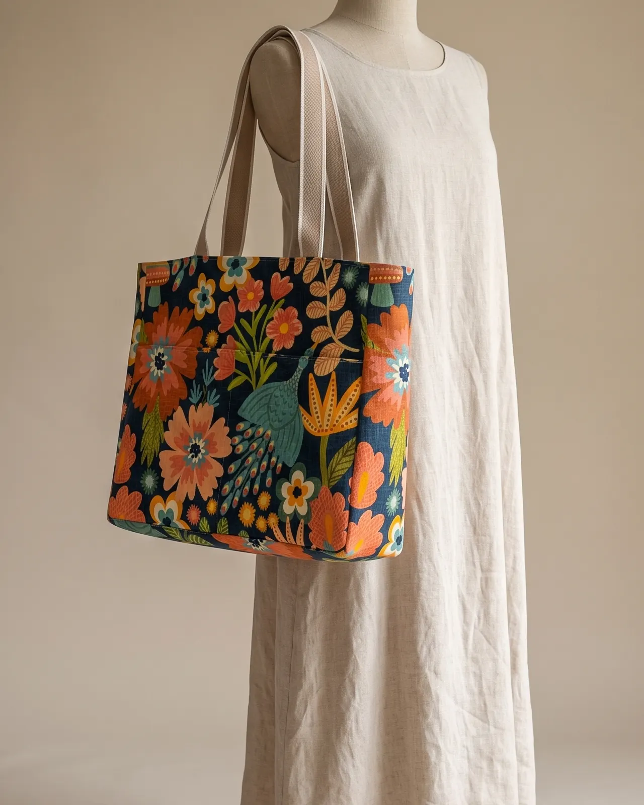 Large Tote Bag Zipper - Bold Navy Peacock Floral worn on the shoulder on a display form