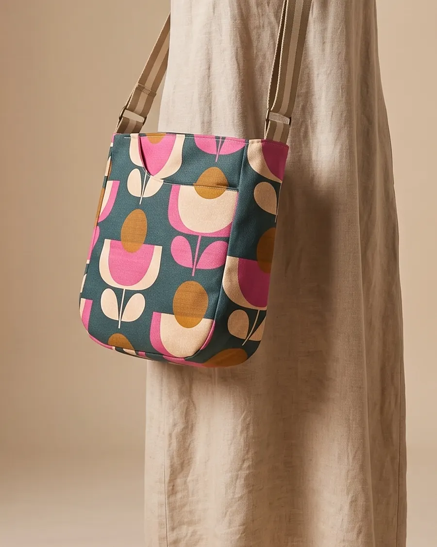 CrossBody Handbag - Mid Mod Tulip worn crossbody on a display form