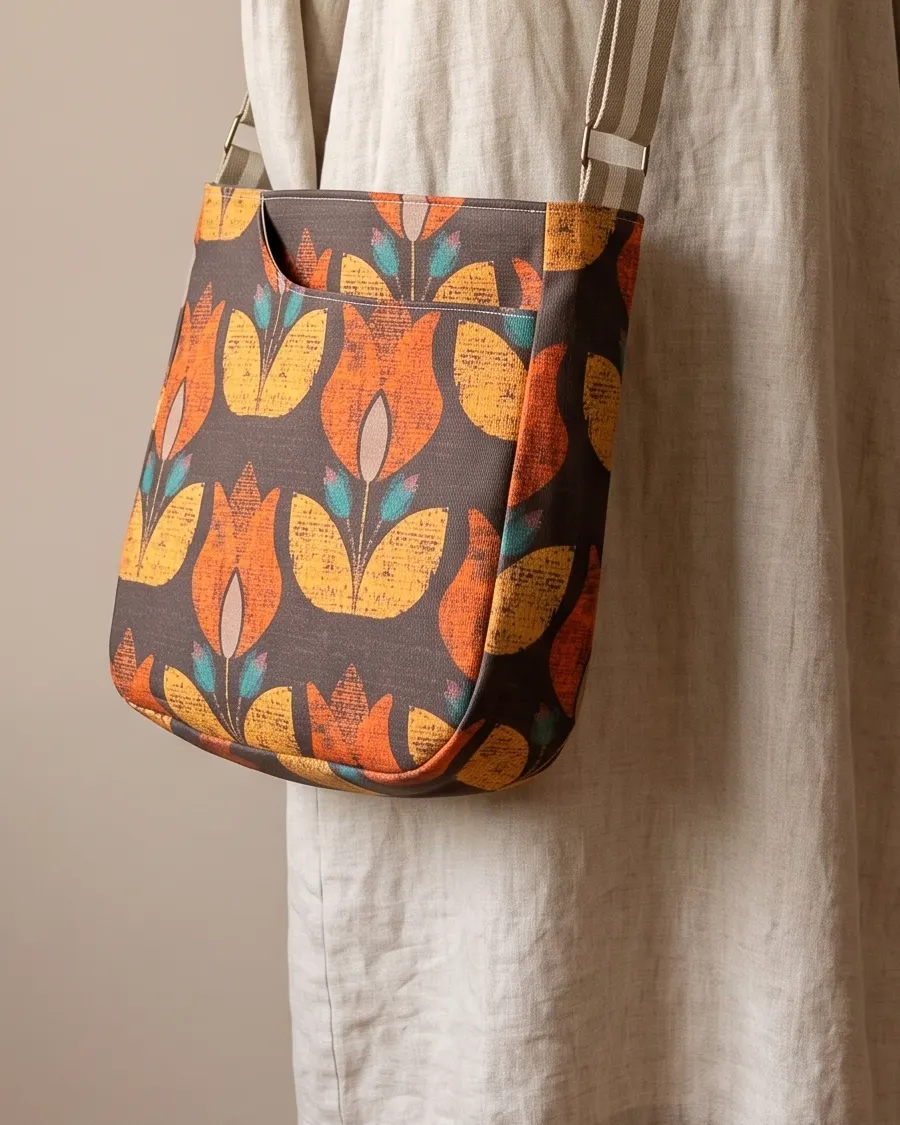CrossBody Handbag - Autumn Tulip worn crossbody on a display form