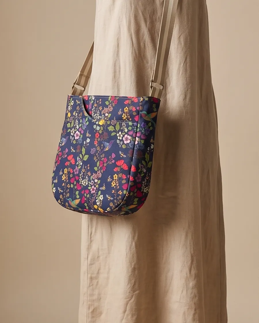 CrossBody Handbag - Navy Hummingbird Floral worn crossbody on a display form