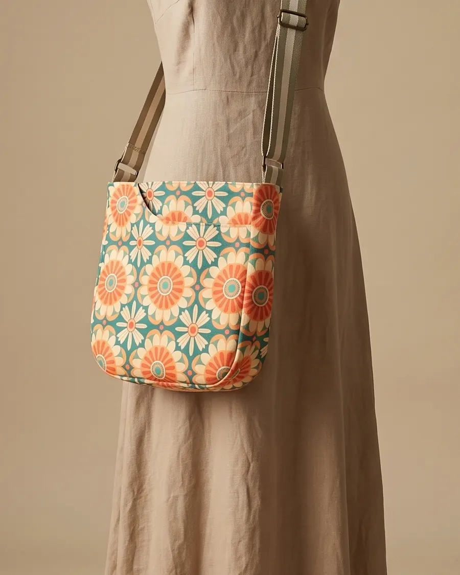 CrossBody Handbag - Geometric Floral worn crossbody on a display form
