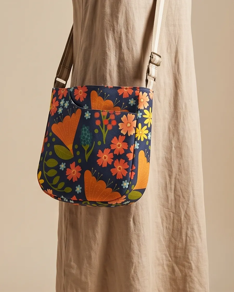 CrossBody Handbag - Vibrant Floral worn crossbody on a display form