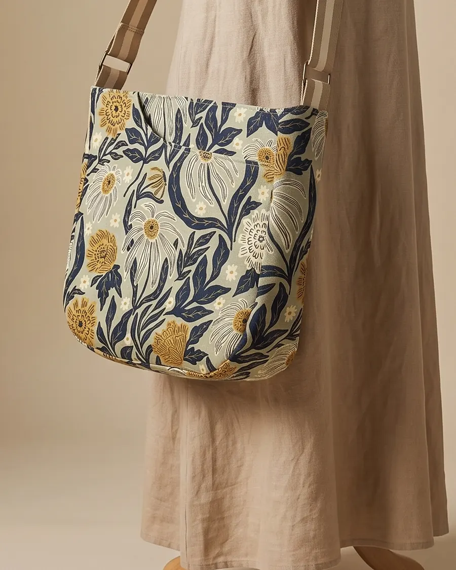 CrossBody Handbag - Navy Denim Hand Drawn Floral worn crossbody on a display form