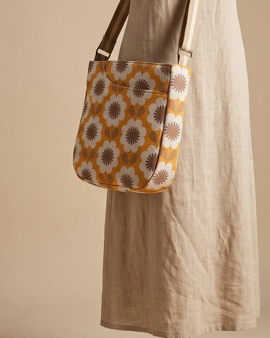 CrossBody Handbag - Yellow Mid Century Floral worn crossbody on a display form